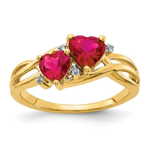 Ladies Rings for Kin Shine-14k Yellow Gold Lab Created Ruby And Diamond Double Heart Ring