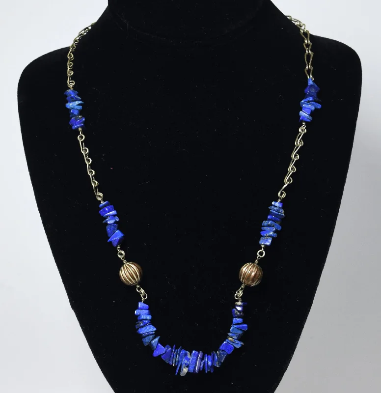 Ladies flowing hippie necklaces -Lapis Lazuli Chip Bead Chain Necklace with Fluted Copper Beads