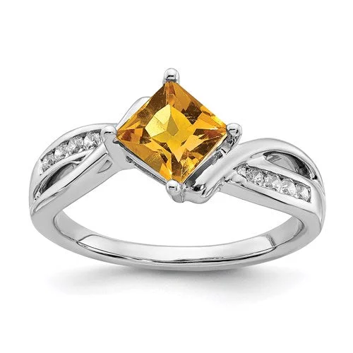 Ladies Rings with Red Wulfenite-14k White Gold Citrine Square and Diamond Ring