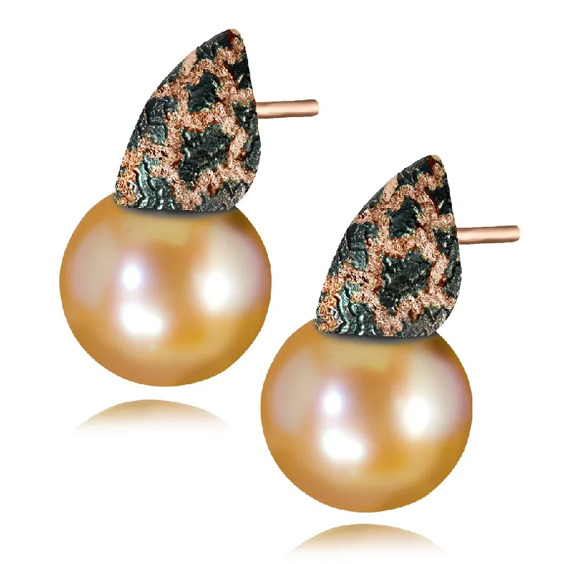 Ladies Earrings with Warm Opal-Gold Earrings with Freshwater Peach Pearls