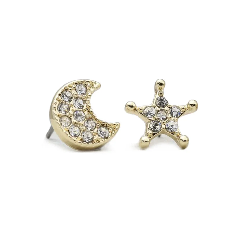 Ladies Earrings for Girl Glow-Pom Moon and Star Gold Plated Crystal Stud Earrings