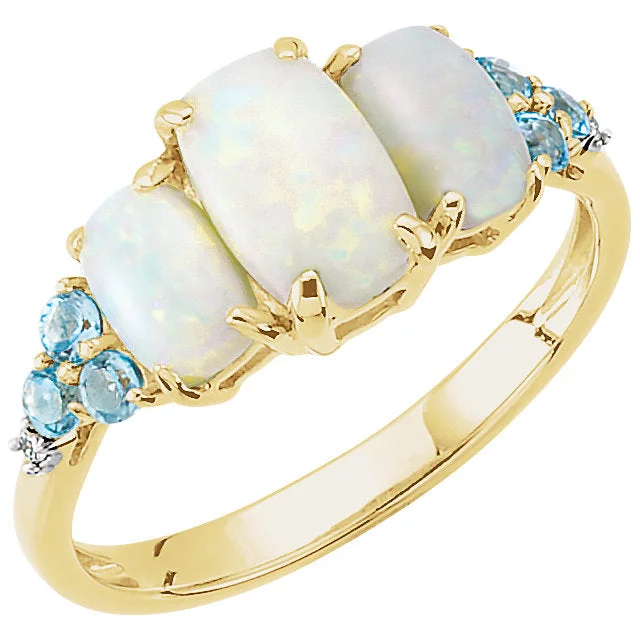 Ladies Rings with Ocean Larimar-14k Yellow Gold Genuine Opal, Swiss Blue Topaz & Diamond Ring