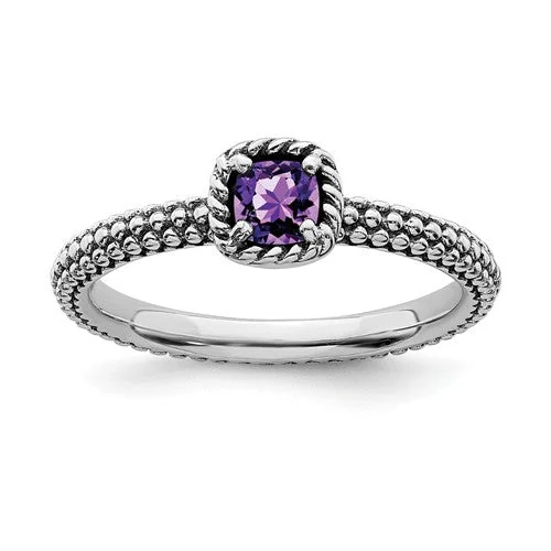 Ladies Rings with Plum Tanzanite-Sterling Silver Stackable Expressions Checker-Cut Amethyst Antiqued Ring