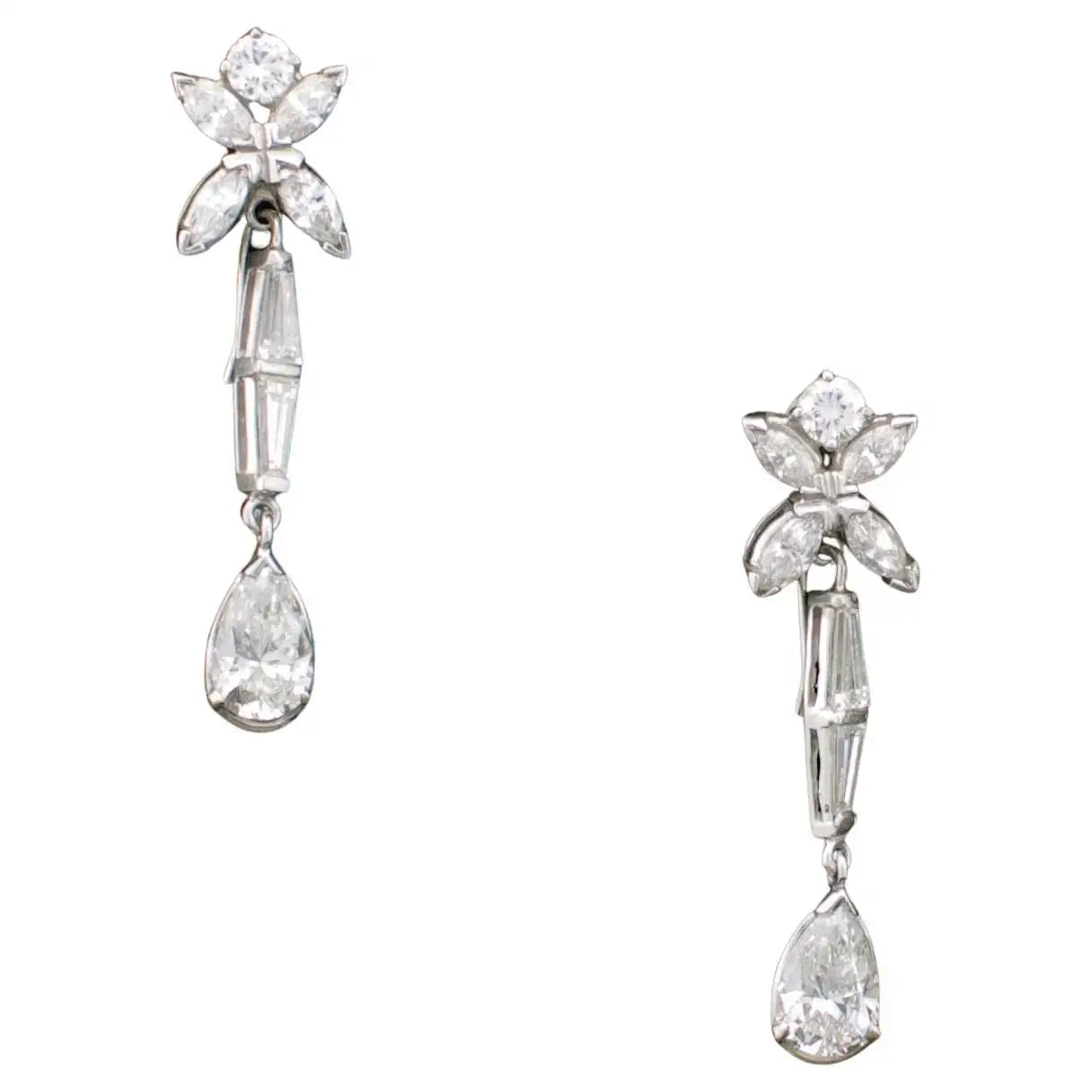 Ladies Earrings Artistic Shine-Diamond Pear Shape Drop Earrings in Platinum, circa 1950's