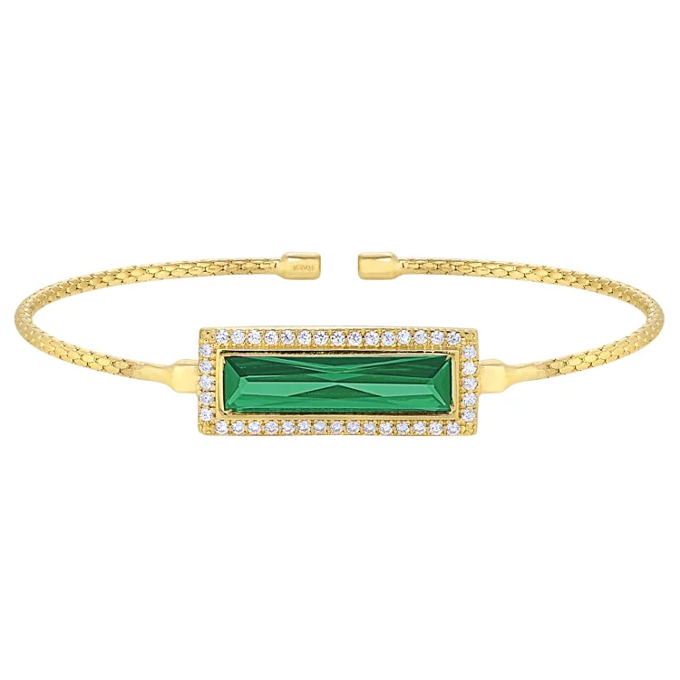 Nature’s breath bracelets -Gold Finish Sterling Silver Cable Cuff Bracelet with Rectangular Simulated Emerald Stone and Simulated Diamonds