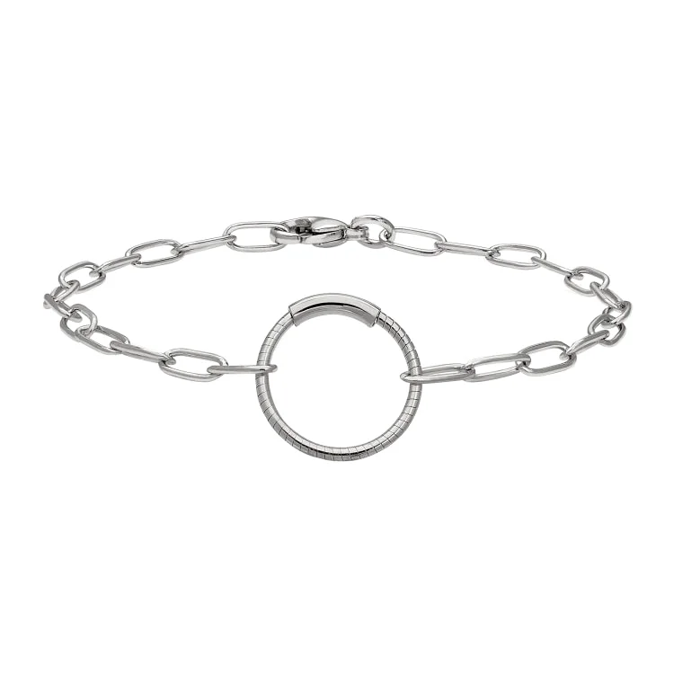 Resin art bracelets -Rhodium Finish Sterling Silver Paper Clip Bracelet with Center Circle Station