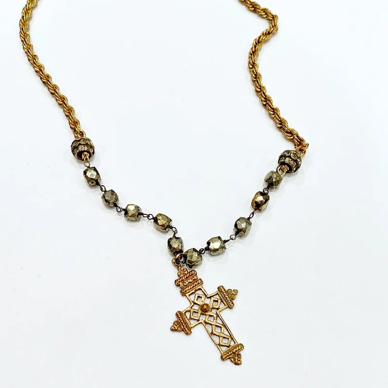 Ladies sleek lariat necklaces -Necklace - Coptic Cross on Pyrite with a Vintage Rope Chain