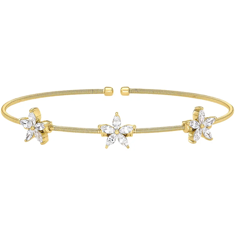 Equine spirit bracelets -Gold Finish Sterling Silver Cable Cuff Bracelet with Simulated Diamond Flowers