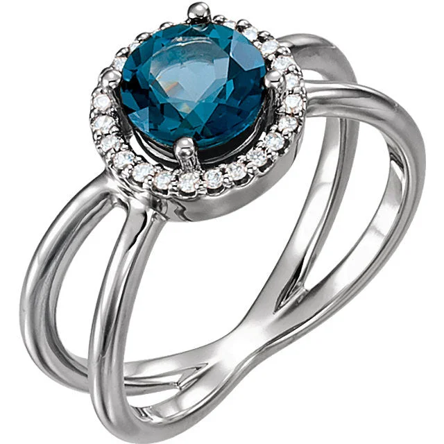 Ladies Rings with Amber Scapolite-14k Gold London Blue Topaz & 1/8 CTW Diamond Halo-Style X Band Ring