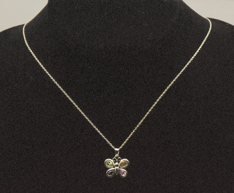 Ladies muted tone necklaces -Vintage Sterling Silver Multi-Color Crystal Butterfly Pendant on Sterling Silver Chain Necklace - 16"