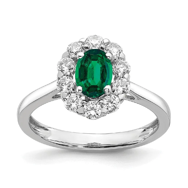 Ladies Rings with Grey Hematite-14K White Gold Lab Grown Diamond & Created Emerald Oval Ring