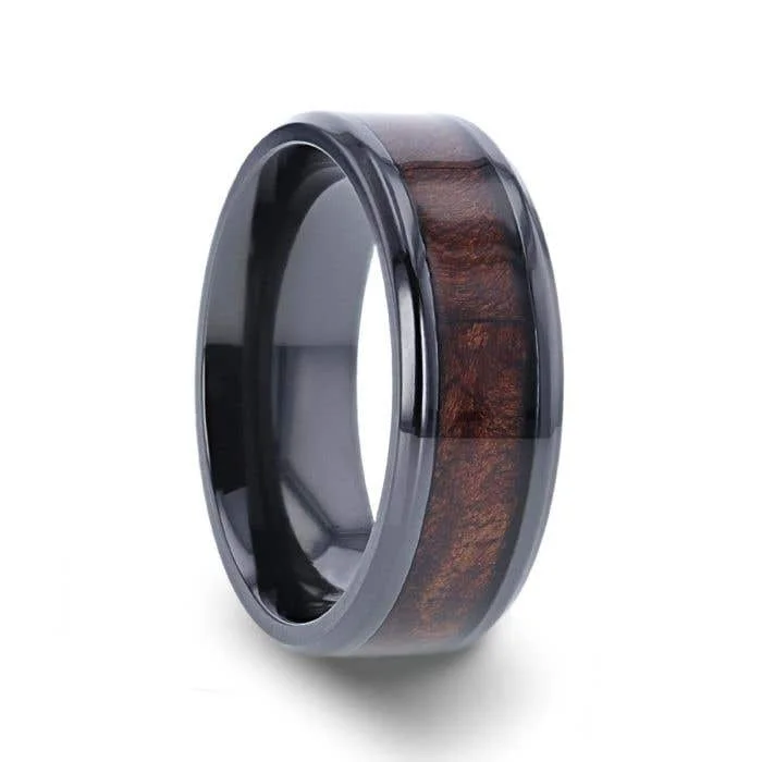 Ladies Rings with Grey Pollucite-Thorsten CERISE Redwood Inlaid Black Ceramic Ring with Beveled Edges - 8mm