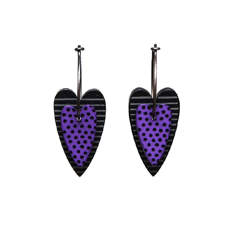 Ladies Earrings for Night Spark-Lene Lundberg K-Form Purple and Black Double Heart Earrings