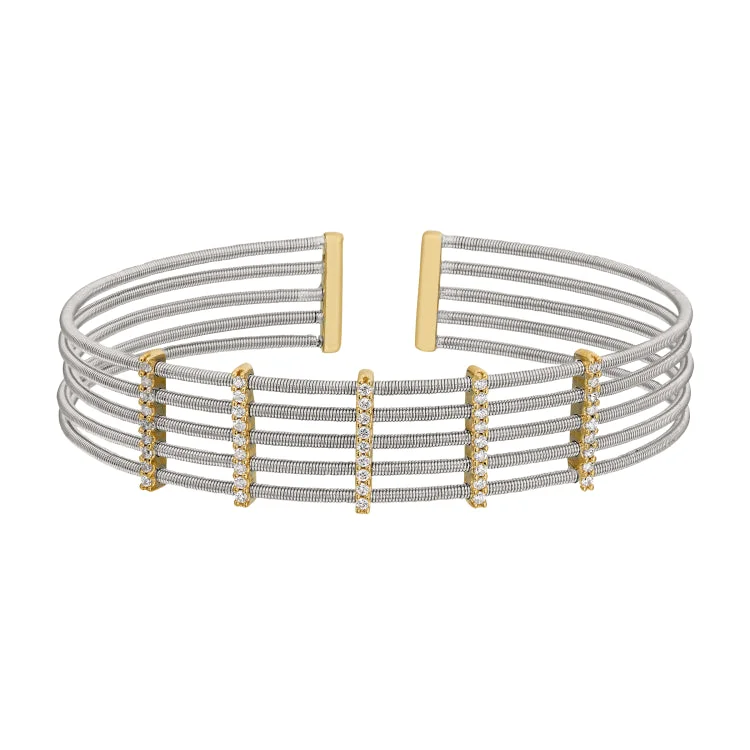 Rose petal bracelets -Rhodium Finish Sterling Silver Multi Cable Cuff Bracelet with Gold Finish Simulated Diamond Vertical Bars