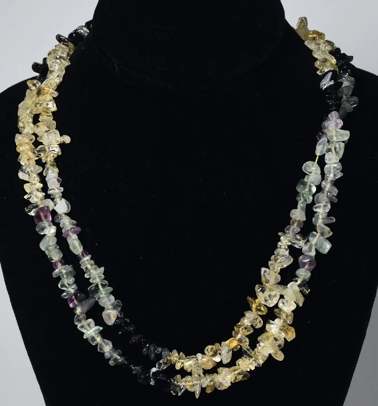 Ladies cool sapphire necklaces -Fluorite, Citrine, Snowflake Obsidian Chip Bead Single Strand Opera Necklace