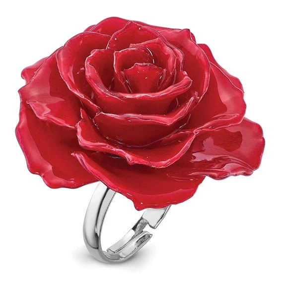 Ladies Rings with Flame Glow-Lacquer Dipped Red Real Rose Adjustable Ring in Gift Box