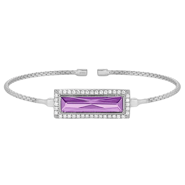 Uplifting wave bracelets -Rhodium Finish Sterling Silver Cable Cuff Bracelet with Rectangular Simulated Light Amethyst Stone and Simulated Diamonds