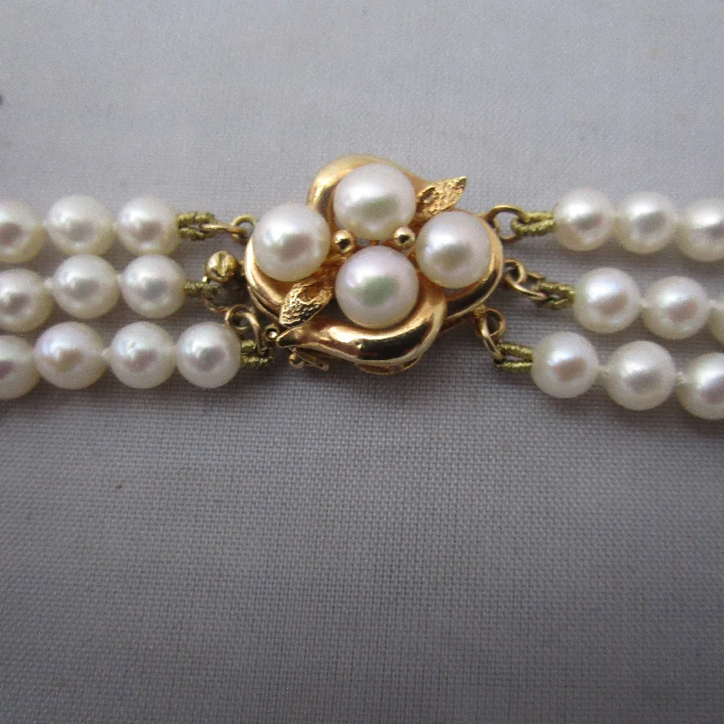 Ladies planetary orbit necklaces -14K Gold Clasp And Cultured Pearl Choker Necklace Vintage c1960