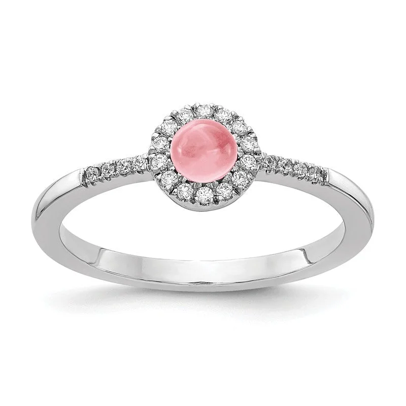 Ladies Rings with Rose Quartz-14k White Gold Diamond Halo And Round Pink Tourmaline Cabochon Ring