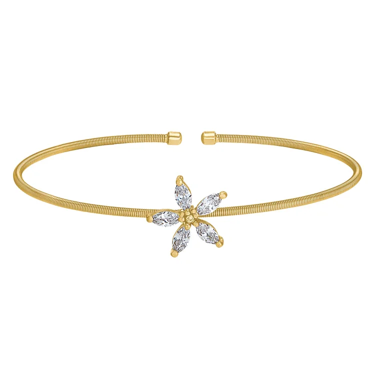 Luxe platinum bracelets -Gold Finish Sterling Silver Cable Cuff Flower Bracelet with Simulated Diamonds