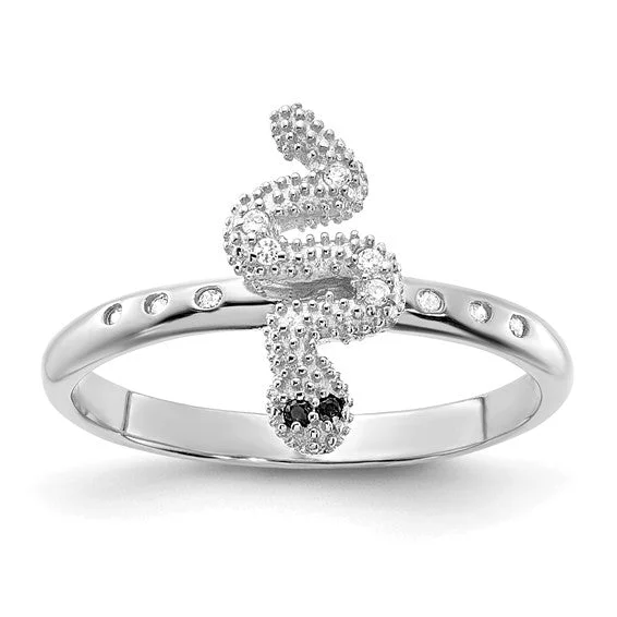 Ladies Rings for Mom Shine-Sterling Silver Black And White CZ Snake Ring