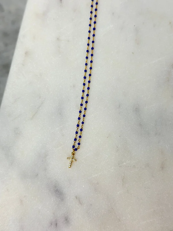 Ladies team unity necklaces -Necklace - Tiny Pave Cross on Lapis & Gold Necklace