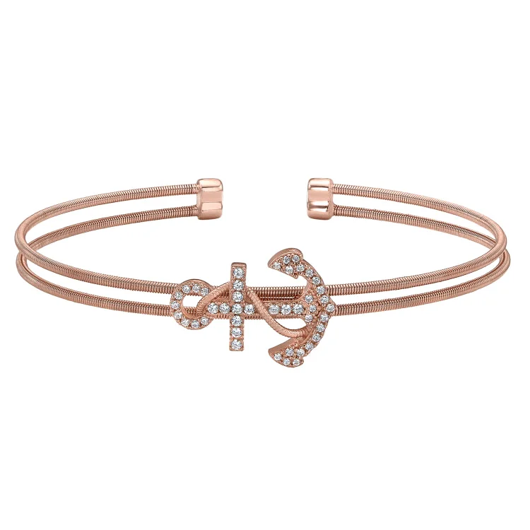 Urban pulse bracelets -Rose Gold Finish Sterling Silver Two Cable Anchor Cuff Bracelet Bracelet with Simulated Diamonds