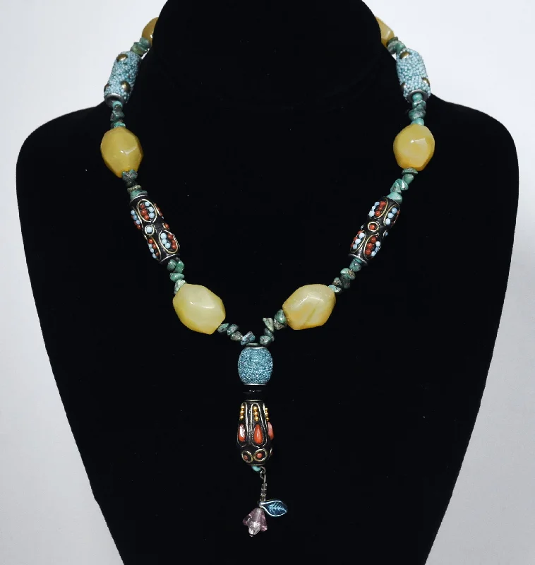 Ladies planetary orbit necklaces -Ornate Colorful Beaded Necklace with Turquoise Chips