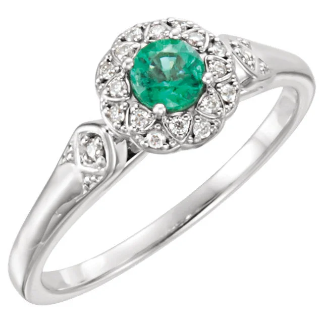 Ladies Rings for Evening Spark-14k Gold Genuine Emerald & 1/10 CTW Diamond Halo-Style Ring