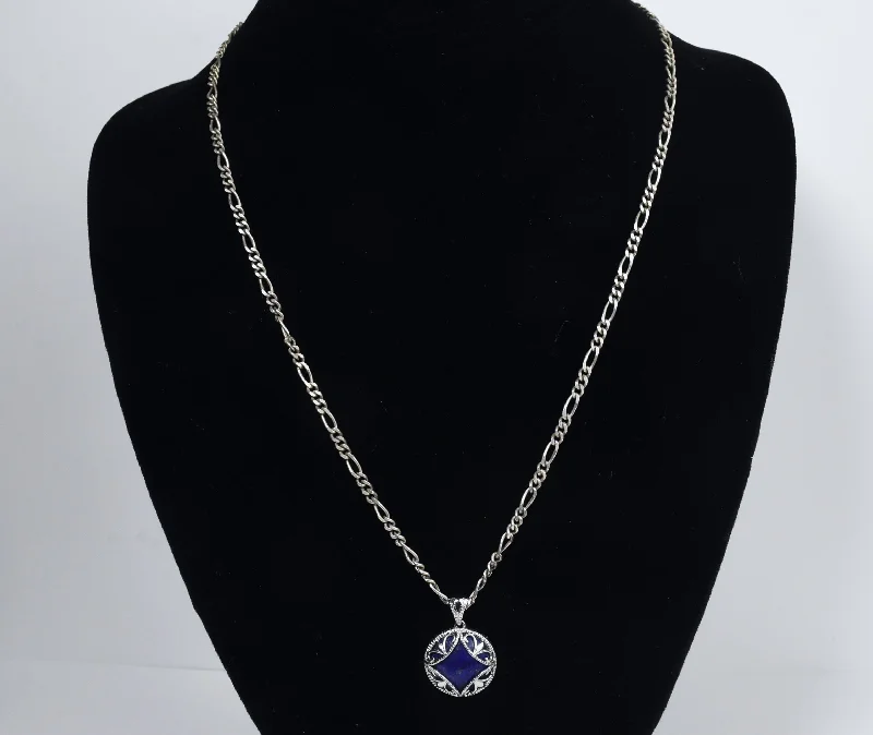 Ladies cozy clavicle necklaces -Sterling Silver Lapis Lazuli Pendant on Sterling Silver Figaro Link Chain Necklace - 20"