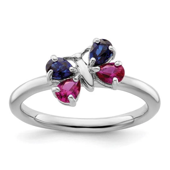 Ladies Rings for Casual Glow-Sterling Silver Stackable Expressions Ruby and Blue Sapphire Butterfly Ring