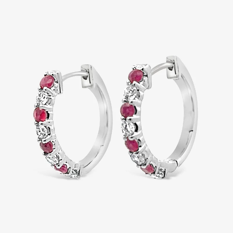 Ladies Earrings for Winter Shine-Alternating Ruby & Diamond Hoop Earrings