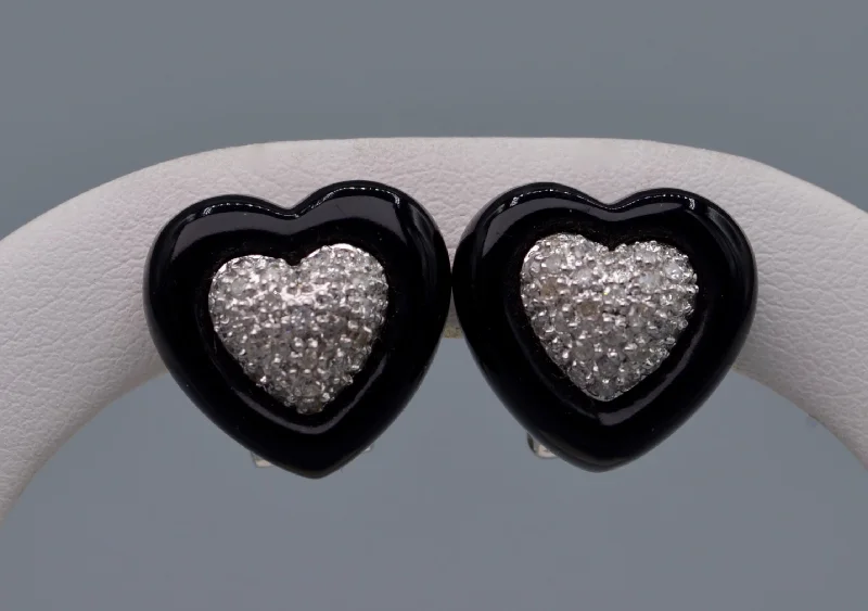 Ladies Earrings Dangle Shine-14K white gold heart-shaped onyx and diamond earrings