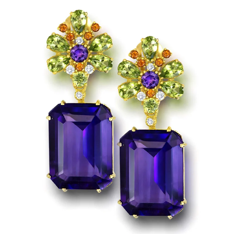 Ladies Earrings with Sky Topaz-Gold Blossom Drop Earrings with Amethyst & Peridot