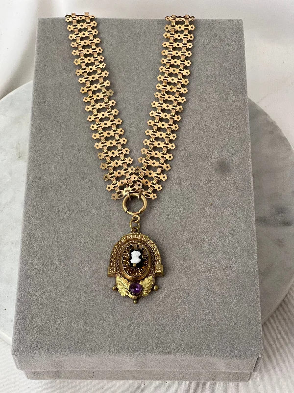 Ladies petal crown necklaces -Estate Collection Necklace Wide Gold Chain w/Cameo Pendant