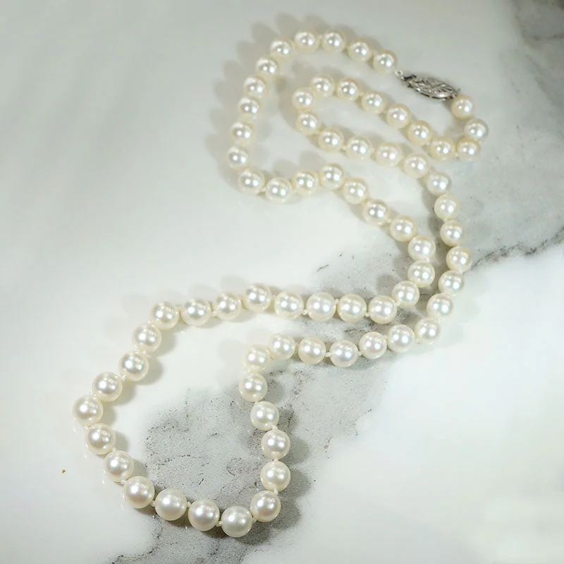 Ladies chunky layered necklaces -Glossy White 25.5" Pearl Necklace with White Gold Clasp