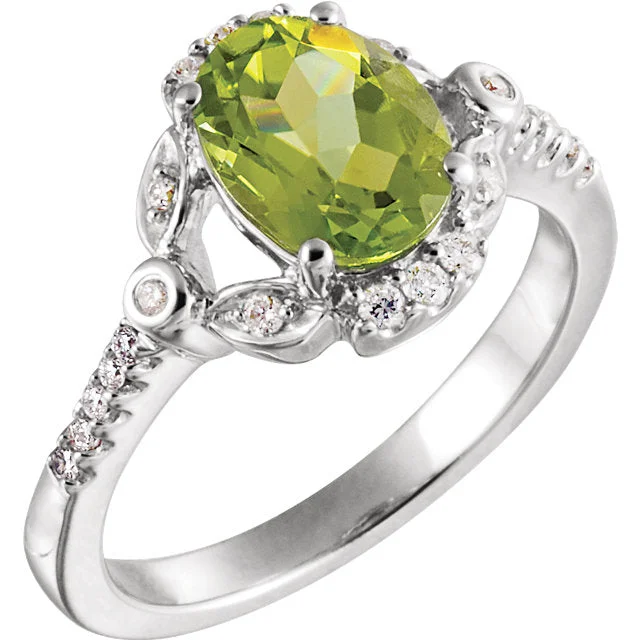 Ladies Rings with Milky Moonstone-14k White Gold Genuine Oval Peridot & Diamond Accented Ring