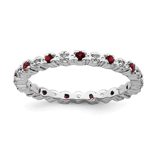 Ladies Rings with Bloom Spark-Sterling Silver Stackable Expressions Garnet & Diamond Alternating Eternity Ring