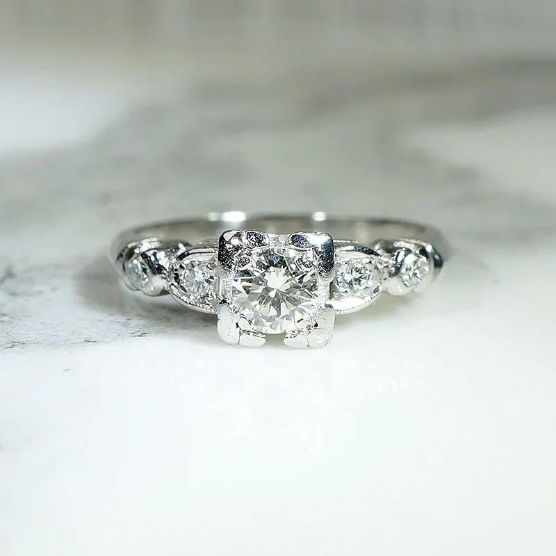 Ladies Engagement Rings with Okenite Glow-Classic 1940s Diamond & Platinum Engagement Ring